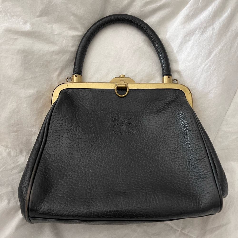 IL BISONTE CLASSIC HANDBAG 👜 BLACK LEATHER & GOLD - Authentic